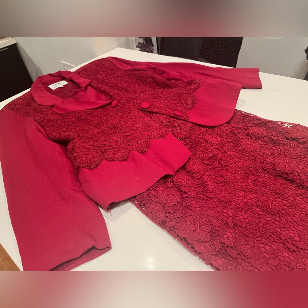 Vintage Marabou blazer and pencil skirt set in red.